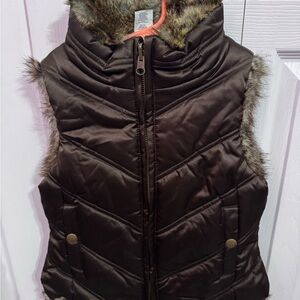 GAP Brown Puffer Vest with Faux Fur Trim